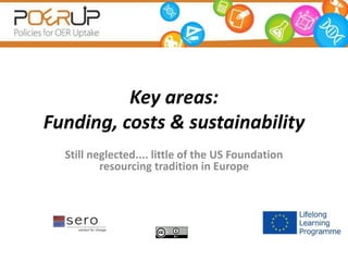Key areas:
Funding, costs & sustainability
Still neglected.... little of the US Foundation
resourcing tradition in Europe
 