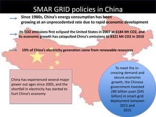 SMAR GRID policies in China
Since 1980s, China’s energy consumption has been
growing at an unprecedented rate due to rapid economic development
Its CO2 emissions ﬁrst eclipsed the United States in 2007 at 6184 Mt CO2, and
its economic growth has catapulted China’s emissions to 8321 Mt CO2 in 2010
19% of China’s electricity generation came from renewable resources
China has experienced several major
power out ages since 2005, and the
shortfall in electricity has started to
hurt China’s economy
To meet the in-
creasing demand and
secure economic
growth, the Chinese
government invested
286 billion yuan ($45
billion) in smart-grid
deployment between
2011 and
2015
 