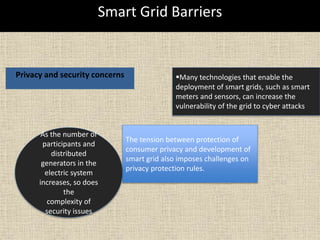 Smart Grid Barriers
Privacy and security concerns Many technologies that enable the
deployment of smart grids, such as smart
meters and sensors, can increase the
vulnerability of the grid to cyber attacks
The tension between protection of
consumer privacy and development of
smart grid also imposes challenges on
privacy protection rules.
As the number of
participants and
distributed
generators in the
electric system
increases, so does
the
complexity of
security issues
 
