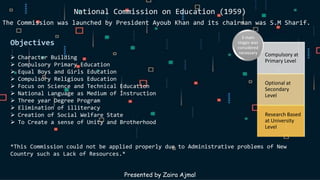 The Commission was launched by President Ayoub Khan and its chairman was S.M Sharif.
Objectives
National Commission on Education (1959)
 Character Building
 Compulsory Primary Education
 Equal Boys and Girls Education
 Compulsory Religious Education
 Focus on Science and Technical Education
 National Language as Medium of Instruction
 Three year Degree Program
 Elimination of illiteracy
 Creation of Social Welfare State
 To Create a sense of Unity and Brotherhood
Compulsory at
Primary Level
Optional at
Secondary
Level
Research Based
at University
Level
3 main
stages was
considered
necessary
*This Commission could not be applied properly due to Administrative problems of New
Country such as Lack of Resources.*
Presented by Zaira Ajmal
 