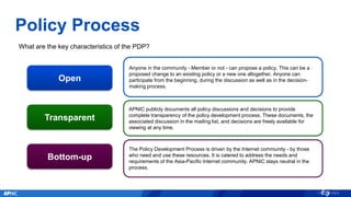 Policy Process
What are the key characteristics of the PDP?
Open
Anyone in the community - Member or not - can propose a p...