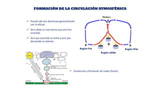 FORMACIÓN DE LA CIRCULACIÓN ATMOSFÉRICA
✓ Presión del aire disminuye generalmente
con la altitud.
✓ Aire cálido es más liviano que aire frío:
asciende.
✓ Aire que asciende se enfría y aire que
desciende se calienta.
Nubes
Región fría
Región cálida
Región fría
✓ Convección y formación de nubes (lluvia).
 