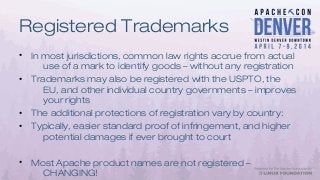 Registered Trademarks
• In most jurisdictions, common law rights accrue from actual
use of a mark to identify goods – with...
