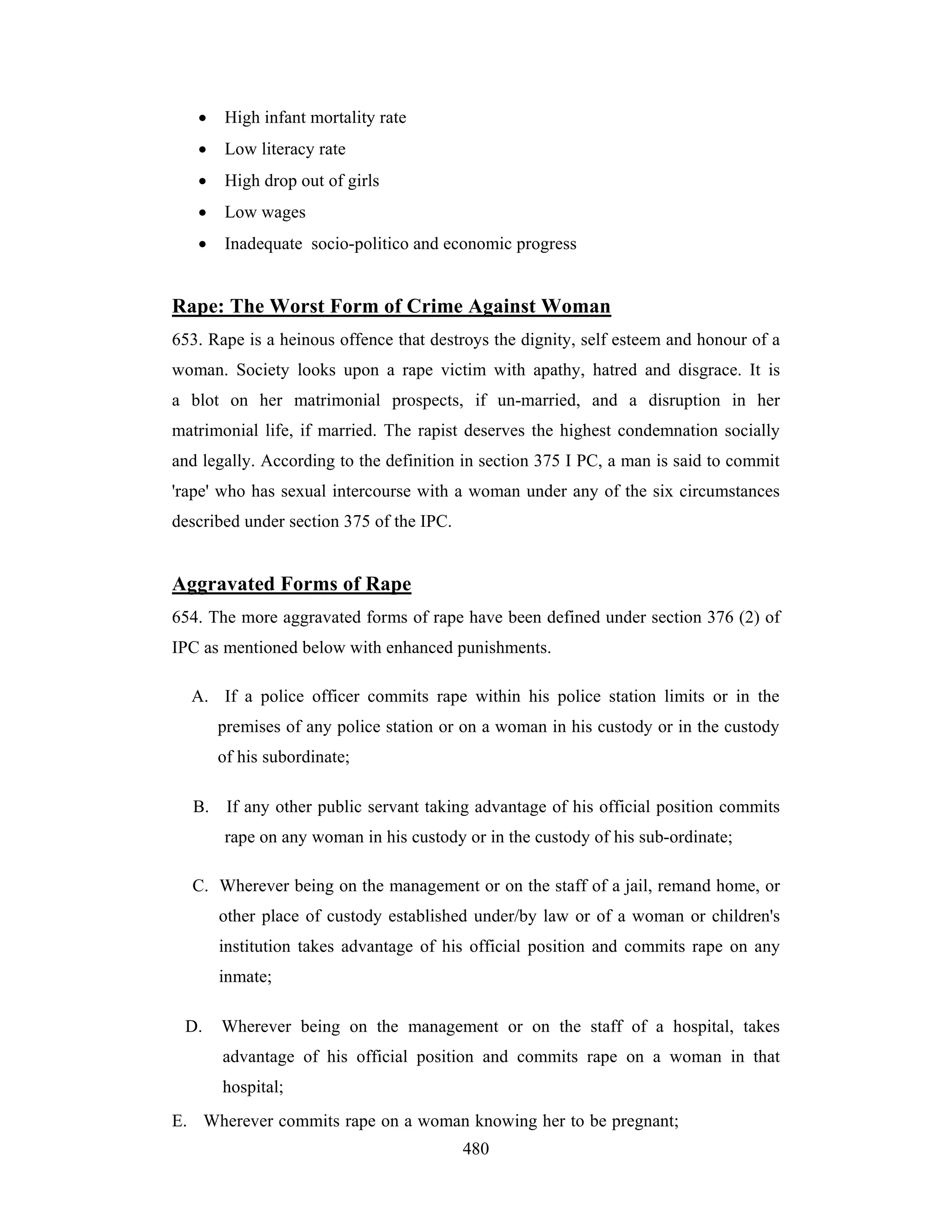 •

High infant mortality rate

•

Low literacy rate

•

High drop out of girls

•

Low wages

•

Inadequate socio-politico and economic progress

Rape: The Worst Form of Crime Against Woman
653. Rape is a heinous offence that destroys the dignity, self esteem and honour of a
woman. Society looks upon a rape victim with apathy, hatred and disgrace. It is
a blot on her matrimonial prospects, if un-married, and a disruption in her
matrimonial life, if married. The rapist deserves the highest condemnation socially
and legally. According to the definition in section 375 I PC, a man is said to commit
'rape' who has sexual intercourse with a woman under any of the six circumstances
described under section 375 of the IPC.

Aggravated Forms of Rape
654. The more aggravated forms of rape have been defined under section 376 (2) of
IPC as mentioned below with enhanced punishments.
A. If a police officer commits rape within his police station limits or in the
premises of any police station or on a woman in his custody or in the custody
of his subordinate;
B. If any other public servant taking advantage of his official position commits
rape on any woman in his custody or in the custody of his sub-ordinate;
C. Wherever being on the management or on the staff of a jail, remand home, or
other place of custody established under/by law or of a woman or children's
institution takes advantage of his official position and commits rape on any
inmate;
D.

Wherever being on the management or on the staff of a hospital, takes
advantage of his official position and commits rape on a woman in that
hospital;

E. Wherever commits rape on a woman knowing her to be pregnant;
480

 