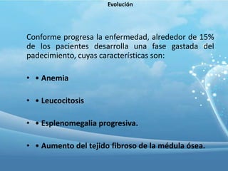 Evolución

Conforme progresa la enfermedad, alrededor de 15%
de los pacientes desarrolla una fase gastada del
padecimiento, cuyas características son:
• • Anemia

• • Leucocitosis
• • Esplenomegalia progresiva.
• • Aumento del tejido fibroso de la médula ósea.

 