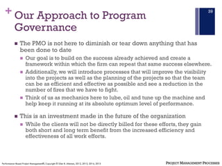 + Our Approach to Program
Governance
n The PMO is not here to diminish or tear down anything that has
been done to date
n ...