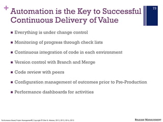 + Automation is the Key to Successful
Continuous Delivery of Value
n Everything is under change control
n Monitoring of pr...