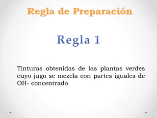Tinturas obtenidas de las plantas verdes
cuyo jugo se mezcla con partes iguales de
OH- concentrado
 