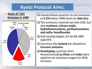 Kyoto Protocol Aims:
 Industrialized countries to cut emissions
to 5.2% below 1990 levels by 2008-2012.
 The emissions covered not only CO2, but
also methane, nitrous oxide,
hydrofluorocarbons, perfluorocarbons
and sulfur hexafluoride.
 Had varying targets ,EU by 8% AND
Japan5%.
 Countries like Iceland are allowed to
increase emission.
 Developing countries (non-
Annex1)including China and India were
asked to set voluntary targets for GHG
emission.
• Share of CO2
Emission in 1990
 