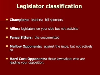 Legislator classification  <ul><li>Champions:  leaders;  bill sponsors </li></ul><ul><li>Allies:  legislators on your side...