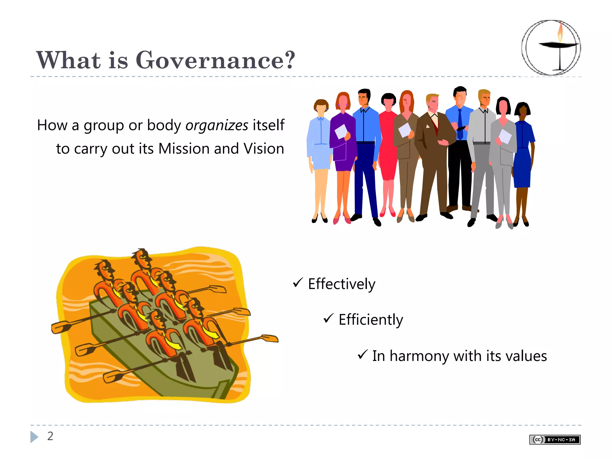 What is Governance?

How a group or body organizes itself
     to carry out its Mission and Vision




                                           Effectively

                                               Efficiently

                                                     In harmony with its values




 2
 