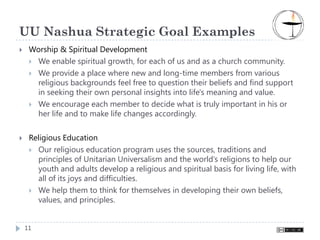 UU Nashua Strategic Goal Examples
 Worship & Spiritual Development
  We enable spiritual growth, for each of us and as a church community.
  We provide a place where new and long-time members from various
  religious backgrounds feel free to question their beliefs and find support
  in seeking their own personal insights into life's meaning and value.
  We encourage each member to decide what is truly important in his or
  her life and to make life changes accordingly.


 Religious Education
   Our religious education program uses the sources, traditions and
   principles of Unitarian Universalism and the world’s religions to help our
   youth and adults develop a religious and spiritual basis for living life, with
   all of its joys and difficulties.
   We help them to think for themselves in developing their own beliefs,
   values, and principles.


11
 