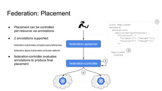 Federation: Placement
federation-apiserver
federation-controller
kind: ReplicaSet
metadata:
annotations:
replica-set-preferences: |
{“clusters”: {
“us-west-1”: {“weight”:1},
“asia-se-2”: {“weight”:1}
}}
● Placement can be controlled
per-resource via annotations
● 2 annotations supported:
federation.kubernetes.io/replica-set-preferences
federation.alpha.kubernetes.io/cluster-selector
● federation-controller evaluates
annotations to produce final
placement
ReplicaSet
created
1
2
3
4
 