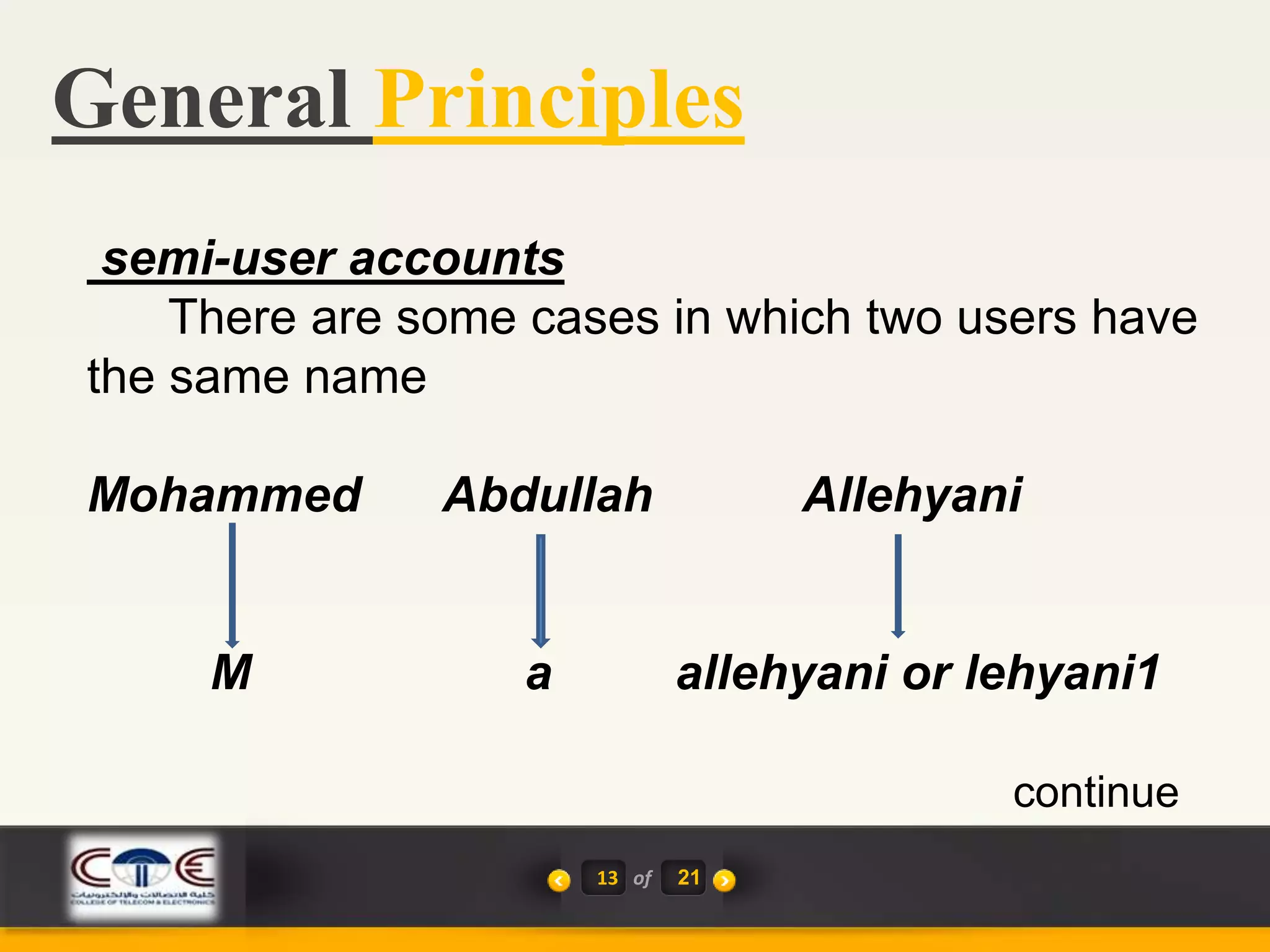General Principles
13 of 21
semi-user accounts
There are some cases in which two users have
the same name
Mohammed Abdullah Allehyani
M a allehyani or lehyani1
continue
 