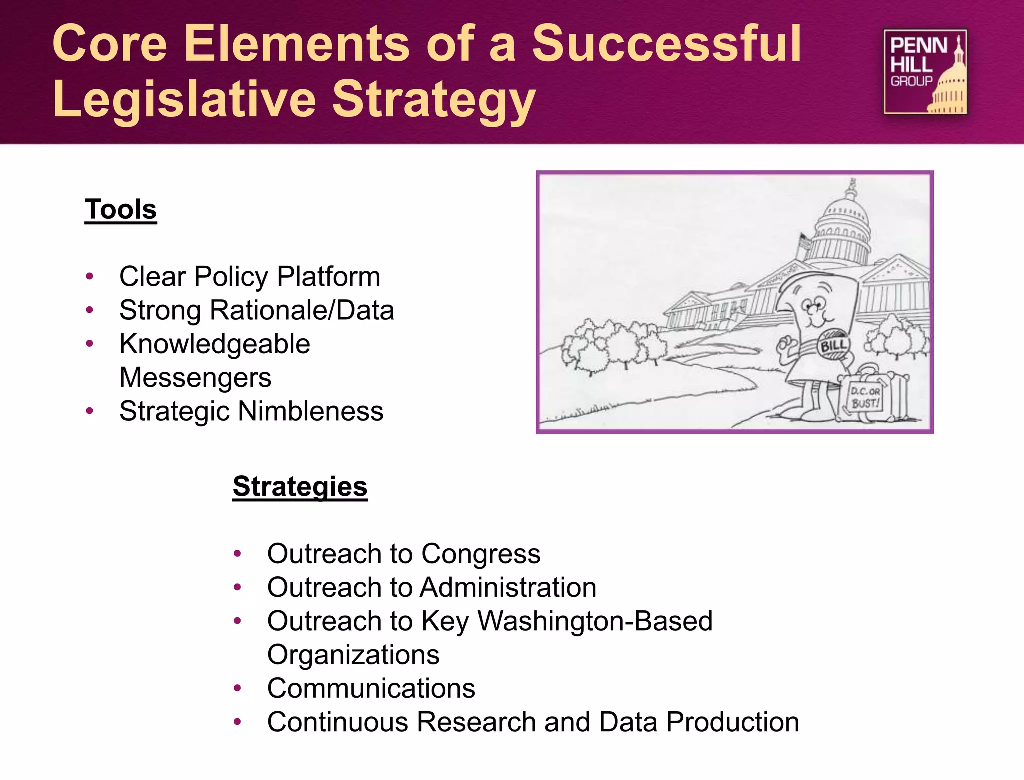 29
Strategies
• Outreach to Congress
• Outreach to Administration
• Outreach to Key Washington-Based
Organizations
• Communications
• Continuous Research and Data Production
Tools
• Clear Policy Platform
• Strong Rationale/Data
• Knowledgeable
Messengers
• Strategic Nimbleness
Core Elements of a Successful
Legislative Strategy
 