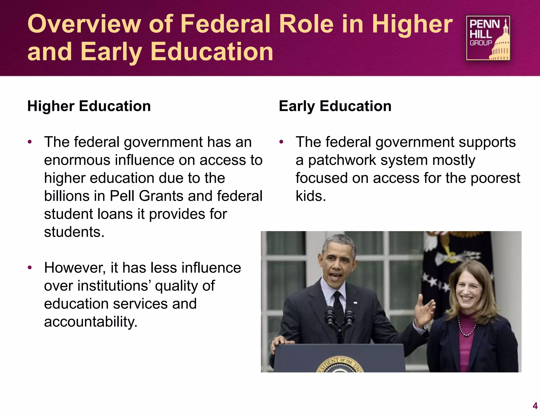 Higher Education
• The federal government has an
enormous influence on access to
higher education due to the
billions in Pell Grants and federal
student loans it provides for
students.
• However, it has less influence
over institutions’ quality of
education services and
accountability.
4
Overview of Federal Role in Higher
and Early Education
Early Education
• The federal government supports
a patchwork system mostly
focused on access for the poorest
kids.
 