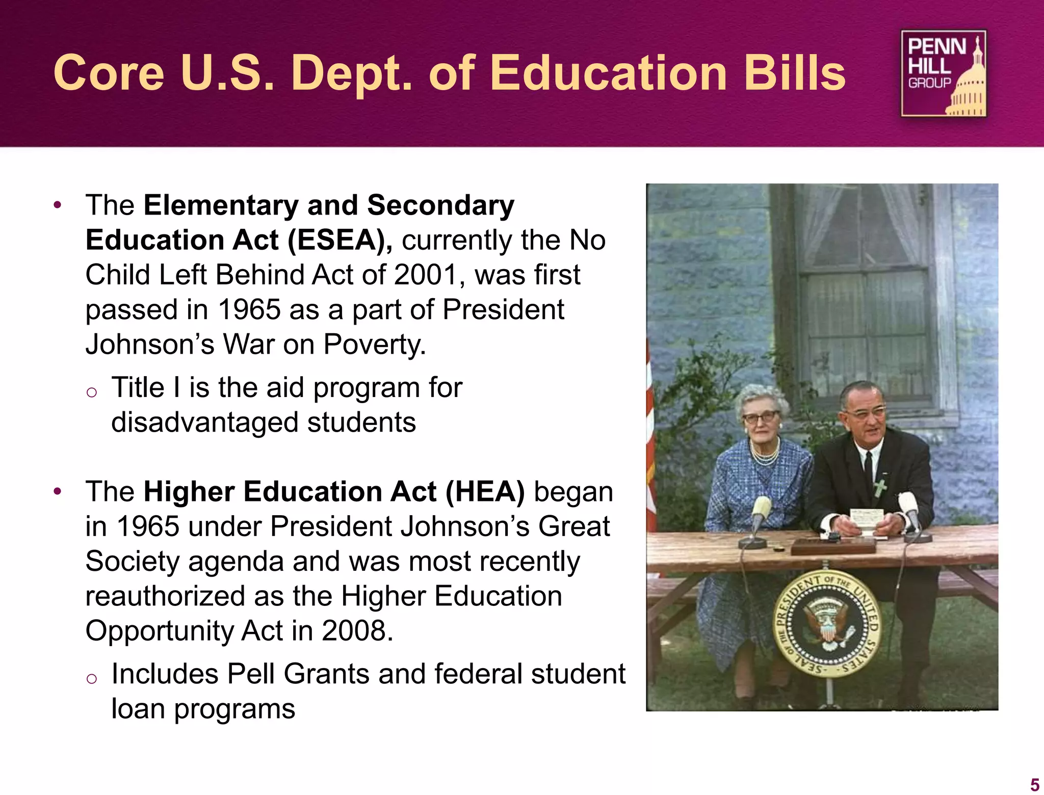 • The Elementary and Secondary
Education Act (ESEA), currently the No
Child Left Behind Act of 2001, was first
passed in 1965 as a part of President
Johnson’s War on Poverty.
o Title I is the aid program for
disadvantaged students
• The Higher Education Act (HEA) began
in 1965 under President Johnson’s Great
Society agenda and was most recently
reauthorized as the Higher Education
Opportunity Act in 2008.
o Includes Pell Grants and federal student
loan programs
5
Core U.S. Dept. of Education Bills
 