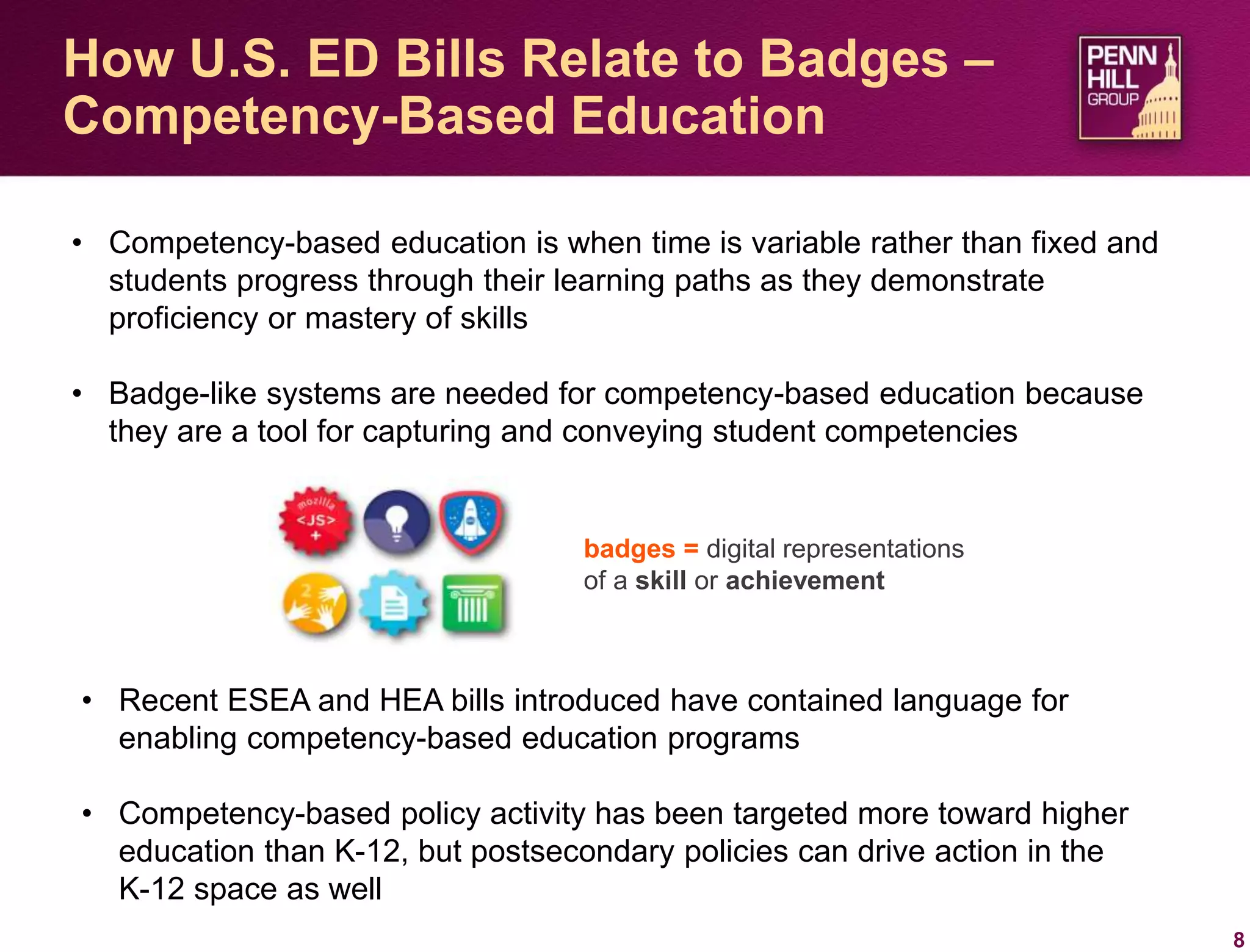8
How U.S. ED Bills Relate to Badges –
Competency-Based Education
• Competency-based education is when time is variable rather than fixed and
students progress through their learning paths as they demonstrate
proficiency or mastery of skills
• Badge-like systems are needed for competency-based education because
they are a tool for capturing and conveying student competencies
• Recent ESEA and HEA bills introduced have contained language for
enabling competency-based education programs
• Competency-based policy activity has been targeted more toward higher
education than K-12, but postsecondary policies can drive action in the
K-12 space as well
badges = digital representations
of a skill or achievement
 