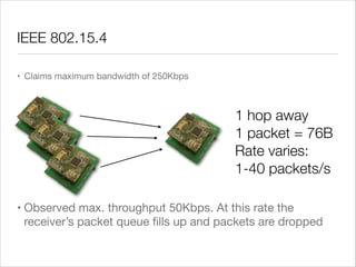 IEEE 802.15.4
• Claims maximum bandwidth of 250Kbps

1 hop away
1 packet = 76B
Rate varies:  
1-40 packets/s
• Observed ma...