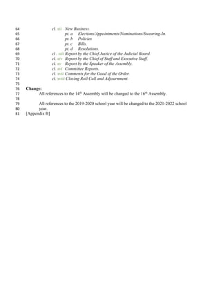 cl. xii New Business.
64
pt. a Elections/Appointments/Nominations/Swearing-In.
65
pt. b Policies
66
pt. c Bills.
67
pt. d Resolutions.
68
cl . xiii Report by the Chief Justice of the Judicial Board.
69
cl. xiv Report by the Chief of Staff and Executive Staff.
70
cl. xv Report by the Speaker of the Assembly.
71
cl. xvi Committee Reports.
72
cl. xvii Comments for the Good of the Order.
73
cl. xviii Closing Roll Call and Adjournment.
74
75
Change:
76
All references to the 14th
Assembly will be changed to the 16th
Assembly.
77
78
All references to the 2019-2020 school year will be changed to the 2021-2022 school
79
year.
80
[Appendix B]
81
 