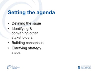 Setting the agenda
• Defining the issue
• Identifying &
  convening other
  stakeholders
• Building consensus
• Clarifying strategy
  steps
 