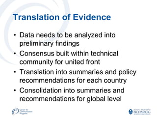Translation of Evidence
• Data needs to be analyzed into
  preliminary findings
• Consensus built within technical
  community for united front
• Translation into summaries and policy
  recommendations for each country
• Consolidation into summaries and
  recommendations for global level
 