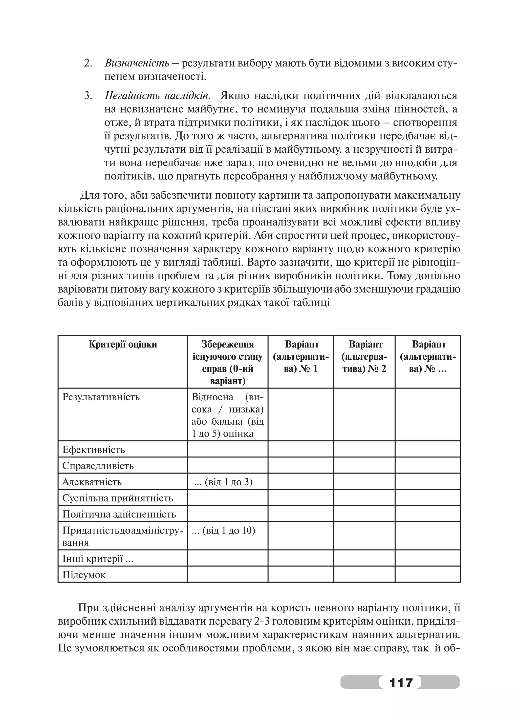 2.   Визначеність – результати вибору мають бути відомими з високим сту-
          пенем визначеності.
     3.   Негайність наслідків. Якщо наслідки політичних дій відкладаються
          на невизначене майбутнє, то неминуча подальша зміна цінностей, а
          отже, й втрата підтримки політики, і як наслідок цього – спотворення
          її результатів. До того ж часто, альтернатива політики передбачає від-
          чутні результати від її реалізації в майбутньому, а незручності й витра-
          ти вона передбачає вже зараз, що очевидно не вельми до вподоби для
          політиків, що прагнуть переобрання у найближчому майбутньому.
     Для того, аби забезпечити повноту картини та запропонувати максимальну
кількість раціональних аргументів, на підставі яких виробник політики буде ух-
валювати найкраще рішення, треба проаналізувати всі можливі ефекти впливу
кожного варіанту на кожний критерій. Аби спростити цей процес, використову-
ють кількісне позначення характеру кожного варіанту щодо кожного критерію
та оформлюють це у вигляді таблиці. Варто зазначити, що критерії не рівноцін-
ні для різних типів проблем та для різних виробників політики. Тому доцільно
варіювати питому вагу кожного з критеріїв збільшуючи або зменшуючи градацію
балів у відповідних вертикальних рядках такої таблиці


      Критерії оцінки         Збереження       Варіант       Варіант        Варіант
                            існуючого стану (альтернати-   (альтерна-    (альтернати-
                              справ (0-ий     ва) № 1      тива) № 2       ва) № …
                                варіант)
Результативність            Відносна (ви-
                            сока / низька)
                            або бальна (від
                            1 до 5) оцінка
Ефективність
Справедливість
Адекватність                … (від 1 до 3)
Суспільна прийнятність
Політична здійсненність
Придатність до адміністру- … (від 1 до 10)
вання
Інші критерії …
Підсумок


    При здійсненні аналізу аргументів на користь певного варіанту політики, її
виробник схильний віддавати перевагу 2-3 головним критеріям оцінки, приділя-
ючи менше значення іншим можливим характеристикам наявних альтернатив.
Це зумовлюється як особливостями проблеми, з якою він має справу, так й об-


                                                                        117
 