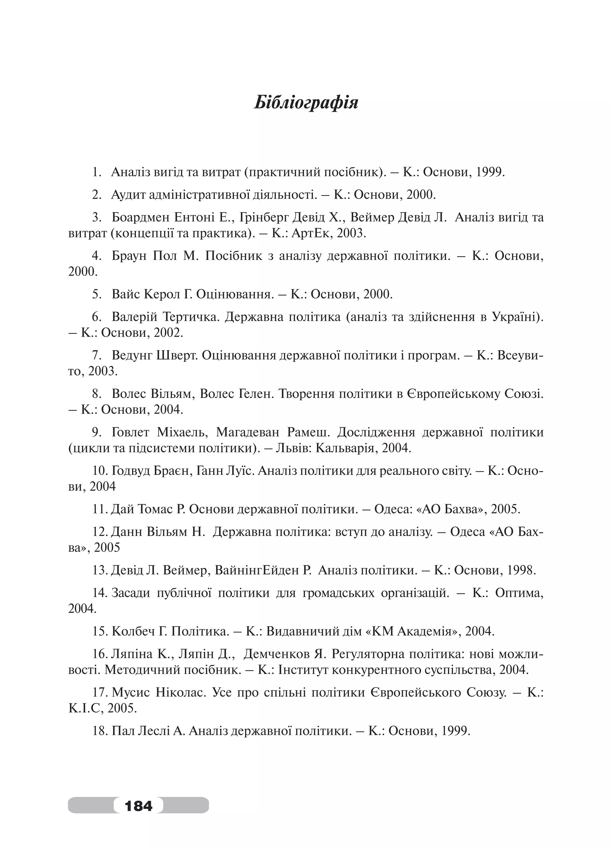 Бібліографія


    1. Аналіз вигід та витрат (практичний посібник). – К.: Основи, 1999.
    2. Аудит адміністративної діяльності. – К.: Основи, 2000.
    3. Боардмен Ентоні Е., Грінберг Девід Х., Веймер Девід Л. Аналіз вигід та
витрат (концепції та практика). – К.: АртЕк, 2003.
    4. Браун Пол М. Посібник з аналізу державної політики. – К.: Основи,
2000.
    5. Вайс Керол Г. Оцінювання. – К.: Основи, 2000.
   6. Валерій Тертичка. Державна політика (аналіз та здійснення в Україні).
– К.: Основи, 2002.
     7. Ведунг Шверт. Оцінювання державної політики і програм. – К.: Всеуви-
то, 2003.
   8. Волес Вільям, Волес Гелен. Творення політики в Європейському Союзі.
– К.: Основи, 2004.
   9. Говлет Міхаель, Магадеван Рамеш. Дослідження державної політики
(цикли та підсистеми політики). – Львів: Кальварія, 2004.
    10. Годвуд Браєн, Ганн Луїс. Аналіз політики для реального світу. – К.: Осно-
ви, 2004
    11. Дай Томас Р. Основи державної політики. – Одеса: «АО Бахва», 2005.
    12. Данн Вільям Н. Державна політика: вступ до аналізу. – Одеса «АО Бах-
ва», 2005
    13. Девід Л. Веймер, ВайнінгЕйден Р. Аналіз політики. – К.: Основи, 1998.
    14. Засади публічної політики для громадських організацій. – К.: Оптима,
2004.
    15. Колбеч Г. Політика. – К.: Видавничий дім «КМ Академія», 2004.
    16. Ляпіна К., Ляпін Д., Демченков Я. Регуляторна політика: нові можли-
вості. Методичний посібник. – К.: Інститут конкурентного суспільства, 2004.
    17. Мусис Ніколас. Усе про спільні політики Європейського Союзу. – К.:
К.І.С, 2005.
    18. Пал Леслі А. Аналіз державної політики. – К.: Основи, 1999.




         184
 