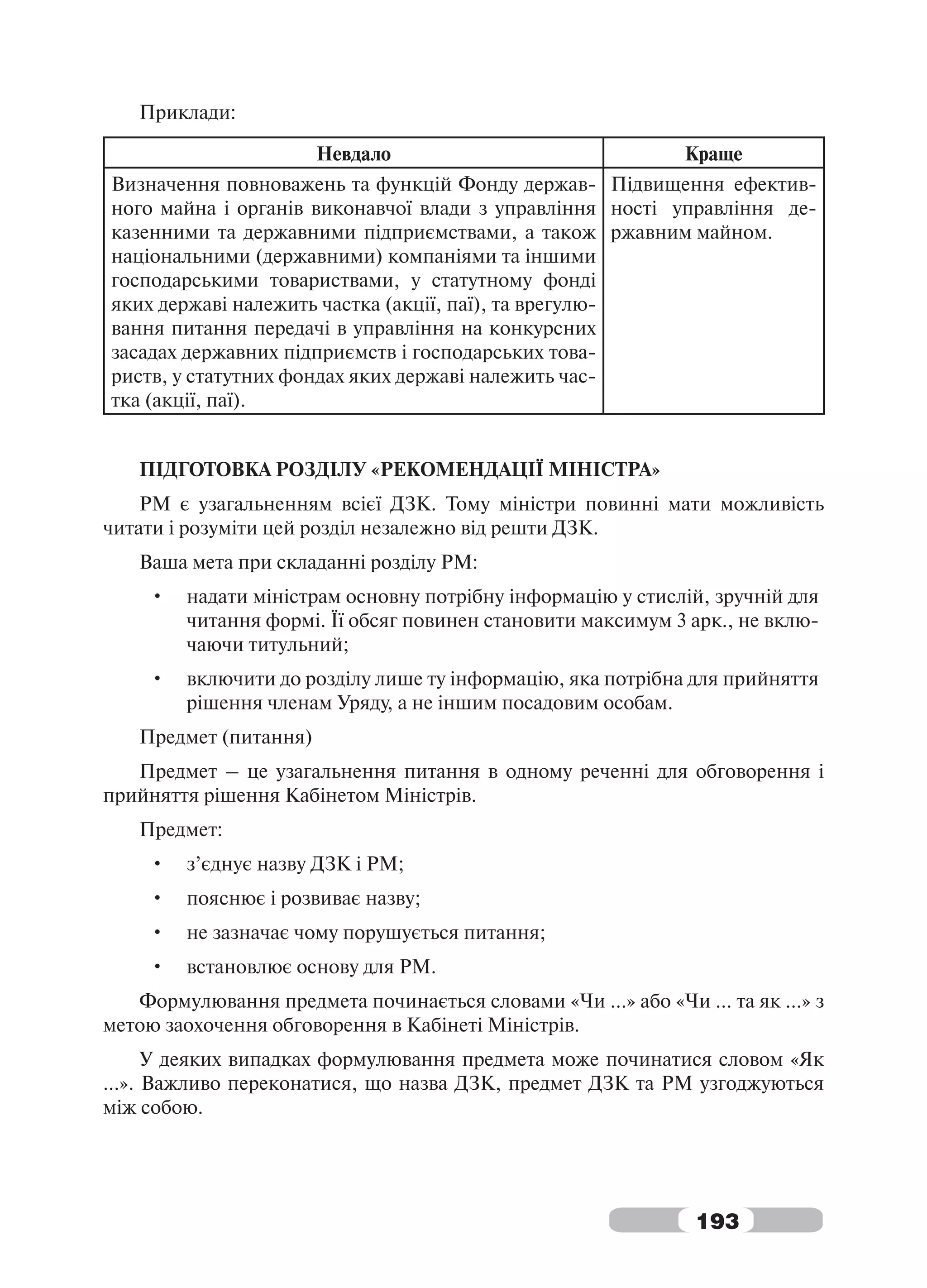 Приклади:

                       Невдало                                Краще
Визначення повноважень та функцій Фонду держав- Підвищення ефектив-
ного майна і органів виконавчої влади з управління ності управління де-
казенними та державними підприємствами, а також ржавним майном.
національними (державними) компаніями та іншими
господарськими товариствами, у статутному фонді
яких державі належить частка (акції, паї), та врегулю-
вання питання передачі в управління на конкурсних
засадах державних підприємств і господарських това-
риств, у статутних фондах яких державі належить час-
тка (акції, паї).


   ПІДГОТОВКА РОЗДІЛУ «РЕКОМЕНДАЦІЇ МІНІСТРА»
    РМ є узагальненням всієї ДЗК. Тому міністри повинні мати можливість
читати і розуміти цей розділ незалежно від решти ДЗК.
   Ваша мета при складанні розділу РМ:
     •   надати міністрам основну потрібну інформацію у стислій, зручній для
         читання формі. Її обсяг повинен становити максимум 3 арк., не вклю-
         чаючи титульний;
     •   включити до розділу лише ту інформацію, яка потрібна для прийняття
         рішення членам Уряду, а не іншим посадовим особам.
   Предмет (питання)
   Предмет – це узагальнення питання в одному реченні для обговорення і
прийняття рішення Кабінетом Міністрів.
   Предмет:
     •   з’єднує назву ДЗК і РМ;
     •   пояснює і розвиває назву;
     •   не зазначає чому порушується питання;
     •   встановлює основу для РМ.
   Формулювання предмета починається словами «Чи ...» або «Чи ... та як ...» з
метою заохочення обговорення в Кабінеті Міністрів.
      У деяких випадках формулювання предмета може починатися словом «Як
...». Важливо переконатися, що назва ДЗК, предмет ДЗК та РМ узгоджуються
між собою.




                                                                193
 