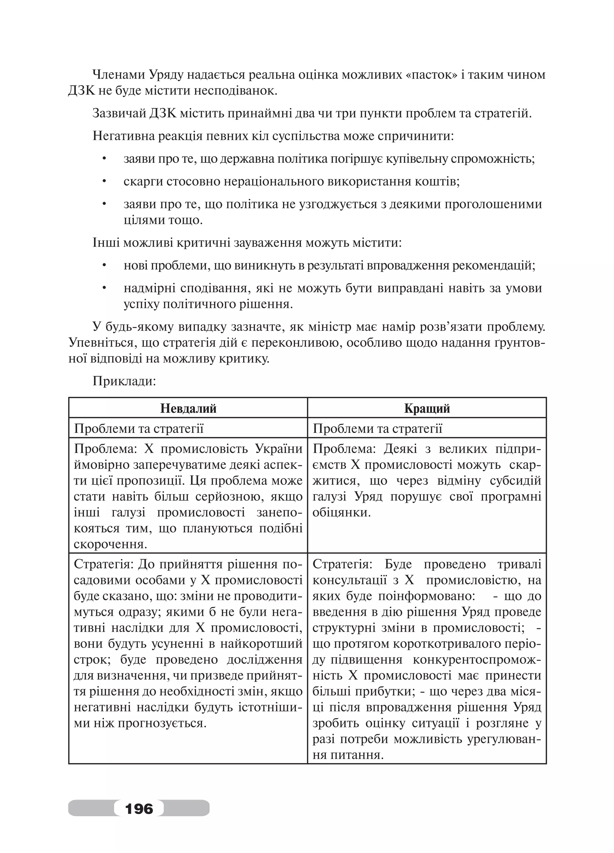 Членами Уряду надається реальна оцінка можливих «пасток» і таким чином
ДЗК не буде містити несподіванок.
   Зазвичай ДЗК містить принаймні два чи три пункти проблем та стратегій.
   Негативна реакція певних кіл суспільства може спричинити:
    •   заяви про те, що державна політика погіршує купівельну спроможність;
    •   скарги стосовно нераціонального використання коштів;
    •   заяви про те, що політика не узгоджується з деякими проголошеними
        цілями тощо.
   Інші можливі критичні зауваження можуть містити:
    •   нові проблеми, що виникнуть в результаті впровадження рекомендацій;
    •   надмірні сподівання, які не можуть бути виправдані навіть за умови
        успіху політичного рішення.
    У будь-якому випадку зазначте, як міністр має намір розв’язати проблему.
Упевніться, що стратегія дій є переконливою, особливо щодо надання ґрунтов-
ної відповіді на можливу критику.
   Приклади:

               Невдалий                               Кращий
Проблеми та стратегії                   Проблеми та стратегії
Проблема: Х промисловість України       Проблема: Деякі з великих підпри-
ймовірно заперечуватиме деякі аспек-    ємств Х промисловості можуть скар-
ти цієї пропозиції. Ця проблема може    житися, що через відміну субсидій
стати навіть більш серйозною, якщо      галузі Уряд порушує свої програмні
інші галузі промисловості занепо-       обіцянки.
кояться тим, що плануються подібні
скорочення.
Стратегія: До прийняття рішення по-     Стратегія: Буде проведено тривалі
садовими особами у Х промисловості      консультації з Х промисловістю, на
буде сказано, що: зміни не проводити-   яких буде поінформовано: - що до
муться одразу; якими б не були нега-    введення в дію рішення Уряд проведе
тивні наслідки для Х промисловості,     структурні зміни в промисловості; -
вони будуть усуненні в найкоротший      що протягом короткотривалого періо-
строк; буде проведено дослідження       ду підвищення конкурентоспромож-
для визначення, чи призведе прийнят-    ність Х промисловості має принести
тя рішення до необхідності змін, якщо   більші прибутки; - що через два міся-
негативні наслідки будуть істотніши-    ці після впровадження рішення Уряд
ми ніж прогнозується.                   зробить оцінку ситуації і розгляне у
                                        разі потреби можливість урегулюван-
                                        ня питання.



        196
 