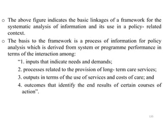 o The above figure indicates the basic linkages of a framework for the
systematic analysis of information and its use in a policy- related
context.
o The basis to the framework is a process of information for policy
analysis which is derived from system or programme performance in
terms of the interaction among:
“1. inputs that indicate needs and demands;
2. processes related to the provision of long- term care services;
3. outputs in terms of the use of services and costs of care; and
4. outcomes that identify the end results of certain courses of
action”.
120
 