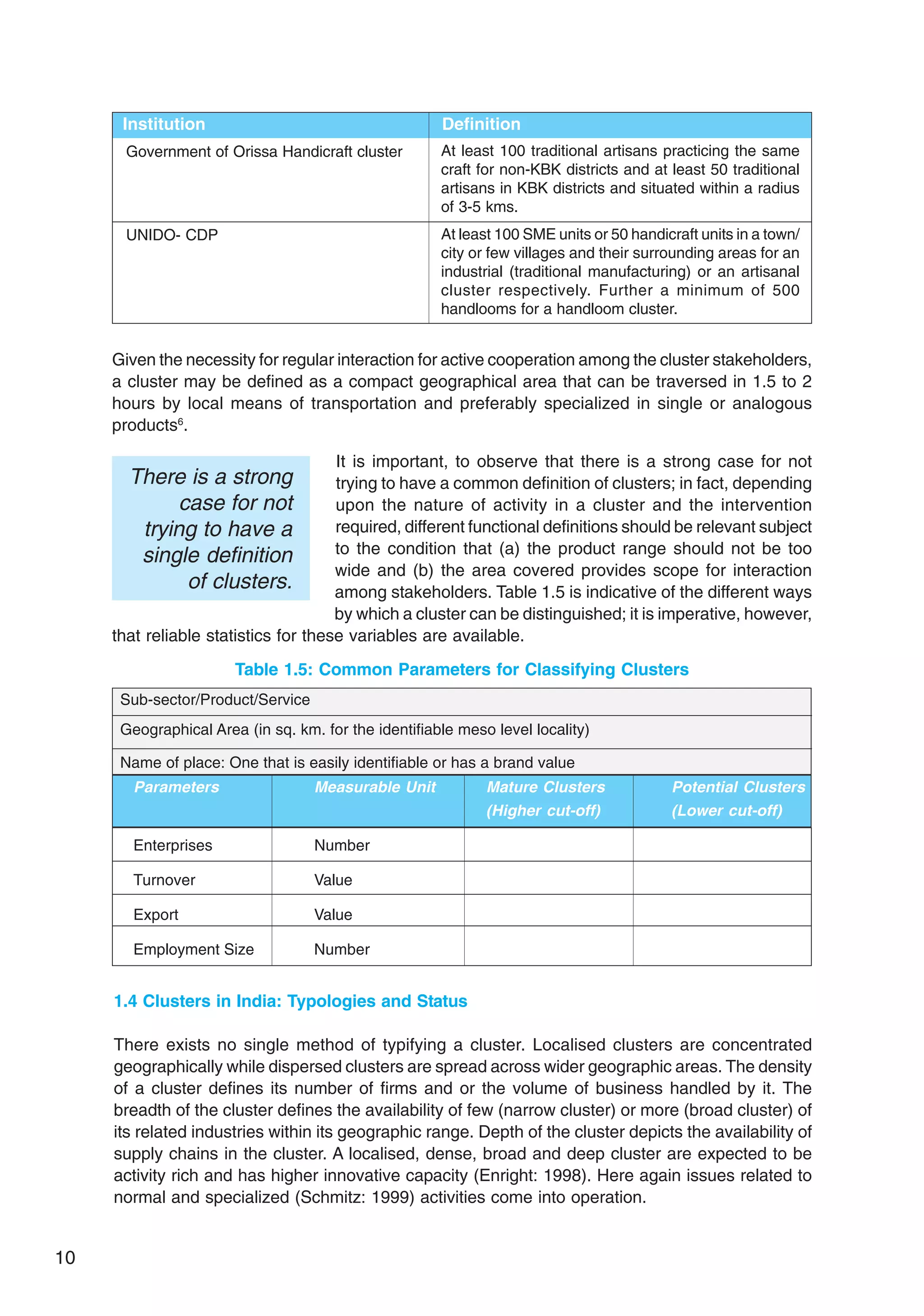 10
Institution Definition
Government of Orissa Handicraft cluster
UNIDO- CDP
At least 100 traditional artisans practicing the same
craft for non-KBK districts and at least 50 traditional
artisans in KBK districts and situated within a radius
of 3-5 kms.
At least 100 SME units or 50 handicraft units in a town/
city or few villages and their surrounding areas for an
industrial (traditional manufacturing) or an artisanal
cluster respectively. Further a minimum of 500
handlooms for a handloom cluster.
Given the necessity for regular interaction for active cooperation among the cluster stakeholders,
a cluster may be defined as a compact geographical area that can be traversed in 1.5 to 2
hours by local means of transportation and preferably specialized in single or analogous
products6
.
It is important, to observe that there is a strong case for not
trying to have a common definition of clusters; in fact, depending
upon the nature of activity in a cluster and the intervention
required, different functional definitions should be relevant subject
to the condition that (a) the product range should not be too
wide and (b) the area covered provides scope for interaction
among stakeholders. Table 1.5 is indicative of the different ways
by which a cluster can be distinguished; it is imperative, however,
that reliable statistics for these variables are available.
There is a strong
case for not
trying to have a
single definition
of clusters.
Sub-sector/Product/Service
Geographical Area (in sq. km. for the identifiable meso level locality)
Name of place: One that is easily identifiable or has a brand value
Parameters Measurable Unit Mature Clusters Potential Clusters
(Higher cut-off) (Lower cut-off)
Enterprises Number
Turnover Value
Export Value
Employment Size Number
Table 1.5: Common Parameters for Classifying Clusters
1.4 Clusters in India: Typologies and Status
There exists no single method of typifying a cluster. Localised clusters are concentrated
geographically while dispersed clusters are spread across wider geographic areas. The density
of a cluster defines its number of firms and or the volume of business handled by it. The
breadth of the cluster defines the availability of few (narrow cluster) or more (broad cluster) of
its related industries within its geographic range. Depth of the cluster depicts the availability of
supply chains in the cluster. A localised, dense, broad and deep cluster are expected to be
activity rich and has higher innovative capacity (Enright: 1998). Here again issues related to
normal and specialized (Schmitz: 1999) activities come into operation.
 