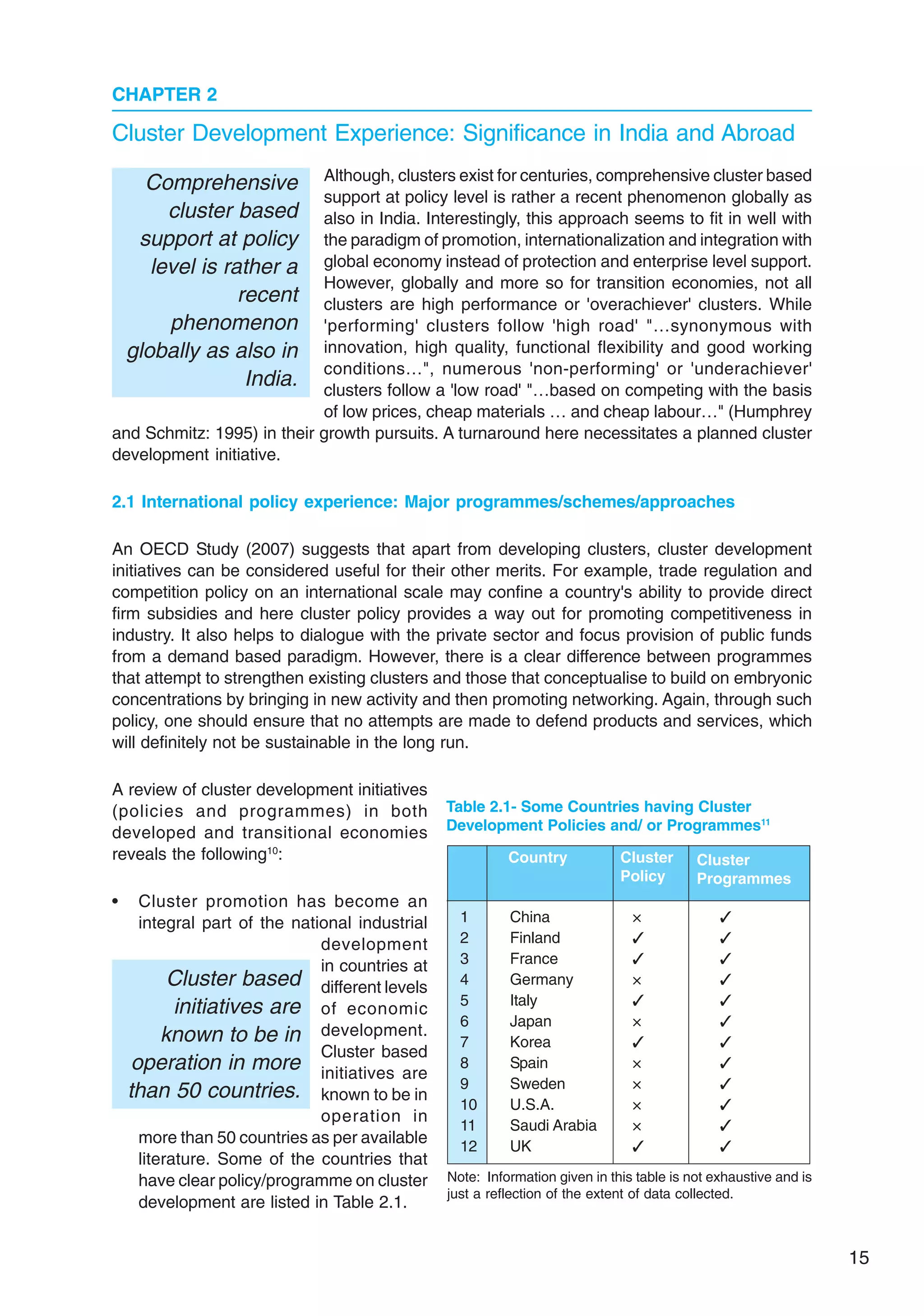 15
Cluster Development Experience: Significance in India and Abroad
Although, clusters exist for centuries, comprehensive cluster based
support at policy level is rather a recent phenomenon globally as
also in India. Interestingly, this approach seems to fit in well with
the paradigm of promotion, internationalization and integration with
global economy instead of protection and enterprise level support.
However, globally and more so for transition economies, not all
clusters are high performance or 'overachiever' clusters. While
'performing' clusters follow 'high road' "…synonymous with
innovation, high quality, functional flexibility and good working
conditions…", numerous 'non-performing' or 'underachiever'
clusters follow a 'low road' "…based on competing with the basis
of low prices, cheap materials … and cheap labour…" (Humphrey
and Schmitz: 1995) in their growth pursuits. A turnaround here necessitates a planned cluster
development initiative.
2.1 International policy experience: Major programmes/schemes/approaches
An OECD Study (2007) suggests that apart from developing clusters, cluster development
initiatives can be considered useful for their other merits. For example, trade regulation and
competition policy on an international scale may confine a country's ability to provide direct
firm subsidies and here cluster policy provides a way out for promoting competitiveness in
industry. It also helps to dialogue with the private sector and focus provision of public funds
from a demand based paradigm. However, there is a clear difference between programmes
that attempt to strengthen existing clusters and those that conceptualise to build on embryonic
concentrations by bringing in new activity and then promoting networking. Again, through such
policy, one should ensure that no attempts are made to defend products and services, which
will definitely not be sustainable in the long run.
A review of cluster development initiatives
(policies and programmes) in both
developed and transitional economies
reveals the following10
:
• Cluster promotion has become an
integral part of the national industrial
development
in countries at
different levels
of economic
development.
Cluster based
initiatives are
known to be in
operation in
more than 50 countries as per available
literature. Some of the countries that
have clear policy/programme on cluster
development are listed in Table 2.1.
CHAPTER 2
Comprehensive
cluster based
support at policy
level is rather a
recent
phenomenon
globally as also in
India.
Note: Information given in this table is not exhaustive and is
just a reflection of the extent of data collected.
1 China × ✓
2 Finland ✓ ✓
3 France ✓ ✓
4 Germany × ✓
5 Italy ✓ ✓
6 Japan × ✓
7 Korea ✓ ✓
8 Spain × ✓
9 Sweden × ✓
10 U.S.A. × ✓
11 Saudi Arabia × ✓
12 UK ✓ ✓
Country Cluster
Policy
Cluster
Programmes
Table 2.1- Some Countries having Cluster
Development Policies and/ or Programmes11
Cluster based
initiatives are
known to be in
operation in more
than 50 countries.
 