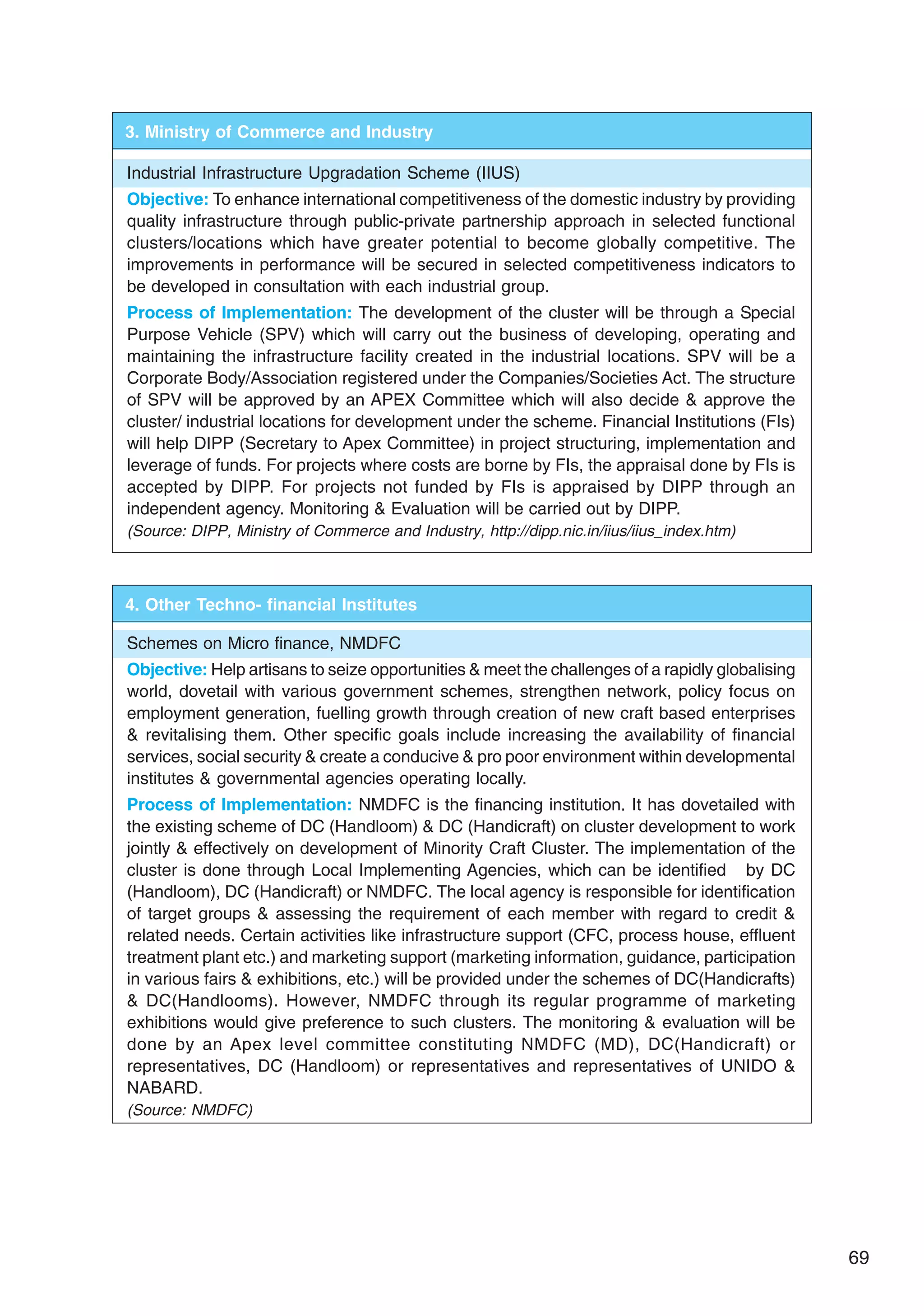 69
3. Ministry of Commerce and Industry
Industrial Infrastructure Upgradation Scheme (IIUS)
Objective: To enhance international competitiveness of the domestic industry by providing
quality infrastructure through public-private partnership approach in selected functional
clusters/locations which have greater potential to become globally competitive. The
improvements in performance will be secured in selected competitiveness indicators to
be developed in consultation with each industrial group.
Process of Implementation: The development of the cluster will be through a Special
Purpose Vehicle (SPV) which will carry out the business of developing, operating and
maintaining the infrastructure facility created in the industrial locations. SPV will be a
Corporate Body/Association registered under the Companies/Societies Act. The structure
of SPV will be approved by an APEX Committee which will also decide  approve the
cluster/ industrial locations for development under the scheme. Financial Institutions (FIs)
will help DIPP (Secretary to Apex Committee) in project structuring, implementation and
leverage of funds. For projects where costs are borne by FIs, the appraisal done by FIs is
accepted by DIPP. For projects not funded by FIs is appraised by DIPP through an
independent agency. Monitoring  Evaluation will be carried out by DIPP.
(Source: DIPP, Ministry of Commerce and Industry, http://dipp.nic.in/iius/iius_index.htm)
4. Other Techno- financial Institutes
Schemes on Micro finance, NMDFC
Objective: Help artisans to seize opportunities  meet the challenges of a rapidly globalising
world, dovetail with various government schemes, strengthen network, policy focus on
employment generation, fuelling growth through creation of new craft based enterprises
 revitalising them. Other specific goals include increasing the availability of financial
services, social security  create a conducive  pro poor environment within developmental
institutes  governmental agencies operating locally.
Process of Implementation: NMDFC is the financing institution. It has dovetailed with
the existing scheme of DC (Handloom)  DC (Handicraft) on cluster development to work
jointly  effectively on development of Minority Craft Cluster. The implementation of the
cluster is done through Local Implementing Agencies, which can be identified by DC
(Handloom), DC (Handicraft) or NMDFC. The local agency is responsible for identification
of target groups  assessing the requirement of each member with regard to credit 
related needs. Certain activities like infrastructure support (CFC, process house, effluent
treatment plant etc.) and marketing support (marketing information, guidance, participation
in various fairs  exhibitions, etc.) will be provided under the schemes of DC(Handicrafts)
 DC(Handlooms). However, NMDFC through its regular programme of marketing
exhibitions would give preference to such clusters. The monitoring  evaluation will be
done by an Apex level committee constituting NMDFC (MD), DC(Handicraft) or
representatives, DC (Handloom) or representatives and representatives of UNIDO 
NABARD.
(Source: NMDFC)
 
