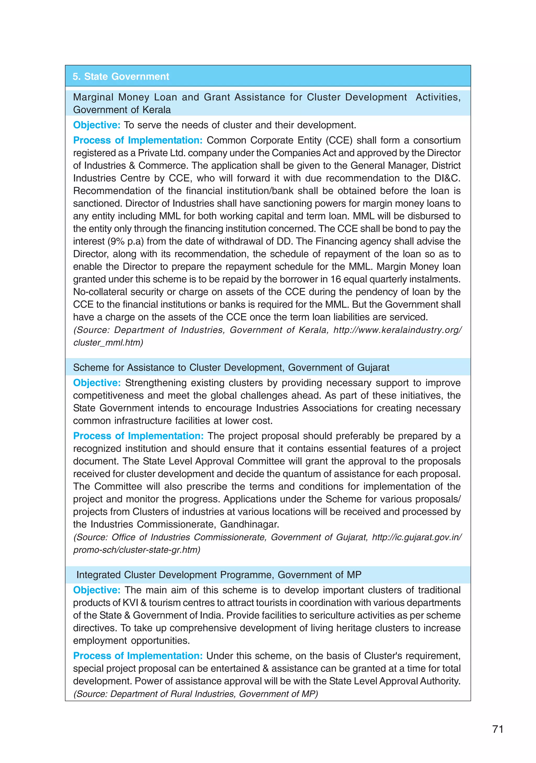 71
5. State Government
Marginal Money Loan and Grant Assistance for Cluster Development Activities,
Government of Kerala
Objective: To serve the needs of cluster and their development.
Process of Implementation: Common Corporate Entity (CCE) shall form a consortium
registered as a Private Ltd. company under the Companies Act and approved by the Director
of Industries  Commerce. The application shall be given to the General Manager, District
Industries Centre by CCE, who will forward it with due recommendation to the DIC.
Recommendation of the financial institution/bank shall be obtained before the loan is
sanctioned. Director of Industries shall have sanctioning powers for margin money loans to
any entity including MML for both working capital and term loan. MML will be disbursed to
the entity only through the financing institution concerned. The CCE shall be bond to pay the
interest (9% p.a) from the date of withdrawal of DD. The Financing agency shall advise the
Director, along with its recommendation, the schedule of repayment of the loan so as to
enable the Director to prepare the repayment schedule for the MML. Margin Money loan
granted under this scheme is to be repaid by the borrower in 16 equal quarterly instalments.
No-collateral security or charge on assets of the CCE during the pendency of loan by the
CCE to the financial institutions or banks is required for the MML. But the Government shall
have a charge on the assets of the CCE once the term loan liabilities are serviced.
(Source: Department of Industries, Government of Kerala, http://www.keralaindustry.org/
cluster_mml.htm)
Scheme for Assistance to Cluster Development, Government of Gujarat
Objective: Strengthening existing clusters by providing necessary support to improve
competitiveness and meet the global challenges ahead. As part of these initiatives, the
State Government intends to encourage Industries Associations for creating necessary
common infrastructure facilities at lower cost.
Process of Implementation: The project proposal should preferably be prepared by a
recognized institution and should ensure that it contains essential features of a project
document. The State Level Approval Committee will grant the approval to the proposals
received for cluster development and decide the quantum of assistance for each proposal.
The Committee will also prescribe the terms and conditions for implementation of the
project and monitor the progress. Applications under the Scheme for various proposals/
projects from Clusters of industries at various locations will be received and processed by
the Industries Commissionerate, Gandhinagar.
(Source: Office of Industries Commissionerate, Government of Gujarat, http://ic.gujarat.gov.in/
promo-sch/cluster-state-gr.htm)
Integrated Cluster Development Programme, Government of MP
Objective: The main aim of this scheme is to develop important clusters of traditional
products of KVI  tourism centres to attract tourists in coordination with various departments
of the State  Government of India. Provide facilities to sericulture activities as per scheme
directives. To take up comprehensive development of living heritage clusters to increase
employment opportunities.
Process of Implementation: Under this scheme, on the basis of Cluster's requirement,
special project proposal can be entertained  assistance can be granted at a time for total
development. Power of assistance approval will be with the State Level Approval Authority.
(Source: Department of Rural Industries, Government of MP)
 