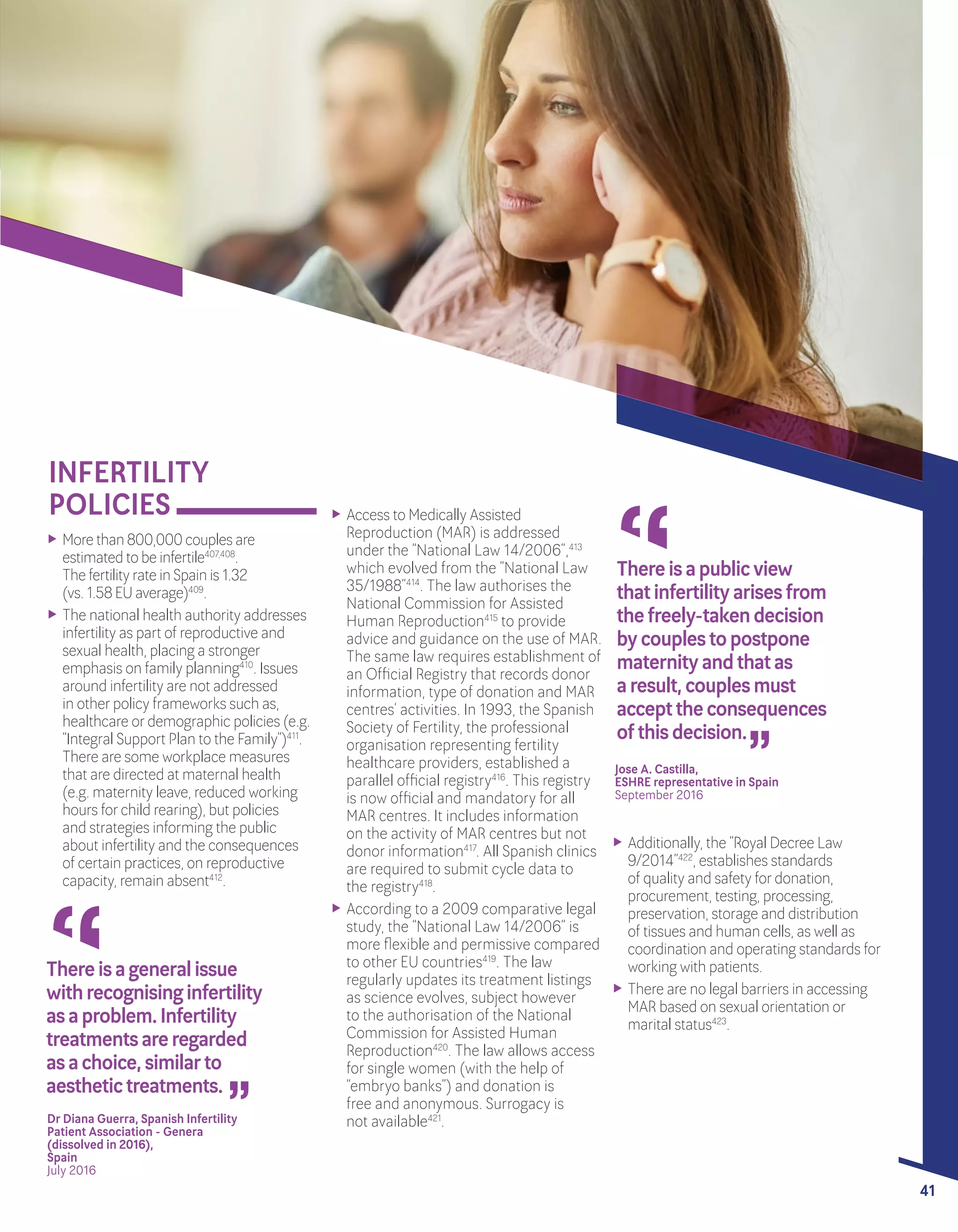 A POLICY AUDIT ON FERTILITY
ANALYSIS OF 9 EU COUNTRIES
41
INFERTILITY
POLICIES 	 Access to Medically Assisted
Reproduction (MAR) is addressed
under the “National Law 14/2006”,413
which evolved from the “National Law
35/1988”414
. The law authorises the
National Commission for Assisted
Human Reproduction415
to provide
advice and guidance on the use of MAR.
The same law requires establishment of
an Official Registry that records donor
information, type of donation and MAR
centres’ activities. In 1993, the Spanish
Society of Fertility, the professional
organisation representing fertility
healthcare providers, established a
parallel official registry416
. This registry
is now official and mandatory for all
MAR centres. It includes information
on the activity of MAR centres but not
donor information417
. All Spanish clinics
are required to submit cycle data to 	
the registry418
.
	 According to a 2009 comparative legal
study, the “National Law 14/2006” is
more flexible and permissive compared
to other EU countries419
. The law
regularly updates its treatment listings
as science evolves, subject however
to the authorisation of the National
Commission for Assisted Human
Reproduction420
. The law allows access
for single women (with the help of
“embryo banks”) and donation is 		
free and anonymous. Surrogacy is 	
not available421
.
	 Additionally, the “Royal Decree Law
9/2014”422
, establishes standards
of quality and safety fordonation,
procurement, testing, processing,
preservation, storage and distribution
of tissues and human cells, as well as
coordination and operating standards for
working with patients.
	 There are no legal barriers in accessing
MAR based on sexual orientation or
marital status423
.
	 More than 800,000 couples are
estimated to be infertile407,408
. 		
The fertility rate in Spain is 1.32 		
(vs. 1.58 EU average)409
.
	 The national health authority addresses
infertility as part of reproductive and
sexual health, placing a stronger
emphasis on family planning410
. Issues
around infertility are not addressed
in otherpolicy frameworks such as,
healthcare ordemographic policies (e.g.
“Integral Support Plan to the Family”)411
.
There are some workplace measures
that are directed at maternal health
(e.g. maternity leave, reduced working
hours forchild rearing), but policies
and strategies informing the public
about infertility and the consequences
of certain practices, on reproductive
capacity, remain absent412
.
41
“
“
Thereisapublicview
thatinfertilityarisesfrom
thefreely-takendecision
bycouplestopostpone
maternityandthatas
aresult,couplesmust
accepttheconsequences
ofthisdecision.
Jose A. Castilla, 			
ESHRE representative in Spain
September 2016	
“
“
Thereisageneralissue
withrecognisinginfertility
asaproblem.Infertility
treatmentsareregarded	
asachoice,similarto
aesthetictreatments.
Dr Diana Guerra, Spanish Infertility
Patient Association - Genera 		
(dissolved in 2016),
Spain	
July 2016	
 