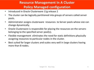 Resource Management In A Cluster
Policy Managed configuration
• Introduced in Oracle Clusterware 11g release 2
• The clust...