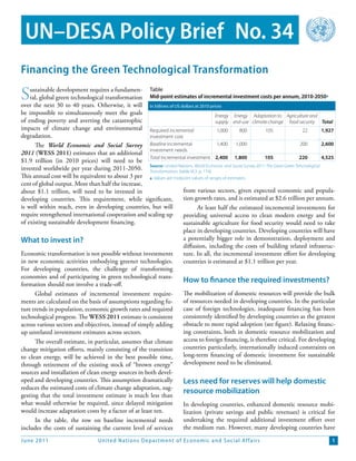 UN–DESA Policy Brief No. 34
Financing the Green Technological Transformation

S   ustainable development requires a fundamen- Table
    tal, global green technological transformation Mid-point estimates of incremental investment costs per annum, 2010-2050a
over the next 30 to 40 years. Otherwise, it will In billions of US dollars at 2010 prices
be impossible to simultaneously meet the goals                                          Energy Energy Adaptation to Agriculture and
of ending poverty and averting the catastrophic                                         supply end-use climate change food security Total
impacts of climate change and environmental Required incremental                         1,000       800            105                 22         1,927
degradation.                                          investment cost
      The World Economic and Social Survey Baseline incremental                          1,400     1,000                               200         2,600
                                                      investment needs
2011 (WESS 2011) estimates that an additional
                                                      Total incremental investment 2,400 1,800                     105                 220         4,525
$1.9 trillion (in 2010 prices) will need to be
                                                      Source: United Nations, World Economic and Social Survey 2011: The Great Green Tehcnological
invested worldwide per year during 2011-2050. Transformation, (table VI.3, p. 174).
This annual cost will be equivalent to about 3 per a Values are midpoint values of ranges of estimates.
cent of global output. More than half the increase,
about $1.1 trillion, will need to be invested in                       from various sectors, given expected economic and popula-
developing countries. This requirement, while significant,             tion growth rates, and is estimated at $2.6 trillion per annum.
is well within reach, even in developing countries, but will                   At least half the estimated incremental investments for
require strengthened international cooperation and scaling up          providing universal access to clean modern energy and for
of existing sustainable development financing.                         sustainable agriculture for food security would need to take
                                                                       place in developing countries. Developing countries will have
What to invest in?                                                     a potentially bigger role in demonstration, deployment and
                                                                       diffusion, including the costs of building related infrastruc-
Economic transformation is not possible without investments            ture. In all, the incremental investment effort for developing
in new economic activities embodying greener technologies.             countries is estimated at $1.1 trillion per year.
For developing countries, the challenge of transforming
economies and of participating in green technological trans-
formation should not involve a trade-off.
                                                                       How to finance the required investments?
      Global estimates of incremental investment require-              The mobilization of domestic resources will provide the bulk
ments are calculated on the basis of assumptions regarding fu-         of resources needed in developing countries. In the particular
ture trends in population, economic growth rates and required          case of foreign technologies, inadequate financing has been
technological progress. The WESS 2011 estimate is consistent           consistently identified by developing countries as the greatest
across various sectors and objectives, instead of simply adding        obstacle to more rapid adoption (see figure). Relaxing financ-
up unrelated investment estimates across sectors.                      ing constraints, both in domestic resource mobilization and
      The overall estimate, in particular, assumes that climate        access to foreign financing, is therefore critical. For developing
change mitigation efforts, mainly consisting of the transition         countries particularly, internationally induced constraints on
to clean energy, will be achieved in the best possible time,           long-term financing of domestic investment for sustainable
through retirement of the existing stock of “brown energy”             development need to be eliminated.
sources and installation of clean energy sources in both devel-
oped and developing countries. This assumption dramatically                   Less need for reserves will help domestic
reduces the estimated costs of climate change adaptation, sug-
gesting that the total investment estimate is much less than
                                                                              resource mobilization
what would otherwise be required, since delayed mitigation                    In developing countries, enhanced domestic resource mobi-
would increase adaptation costs by a factor of at least ten.                  lization (private savings and public revenues) is critical for
      In the table, the row on baseline incremental needs                     undertaking the required additional investment effort over
includes the costs of sustaining the current level of services                the medium run. However, many developing countries have

June 2011                            United Nations D epar tment of Economic and S ocial Affairs                                                      1
 