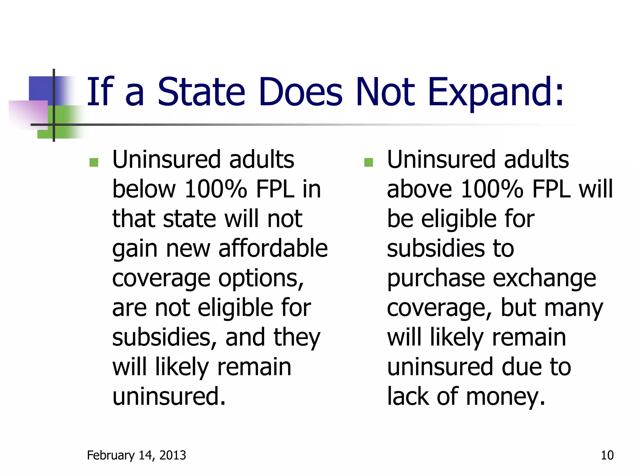 If a State Does Not Expand:
   Uninsured adults          Uninsured adults
    below 100% FPL in          above 100% FPL will
    that state will not        be eligible for
    gain new affordable        subsidies to
    coverage options,          purchase exchange
    are not eligible for       coverage, but many
    subsidies, and they        will likely remain
    will likely remain         uninsured due to
    uninsured.                 lack of money.

February 14, 2013                               10
 