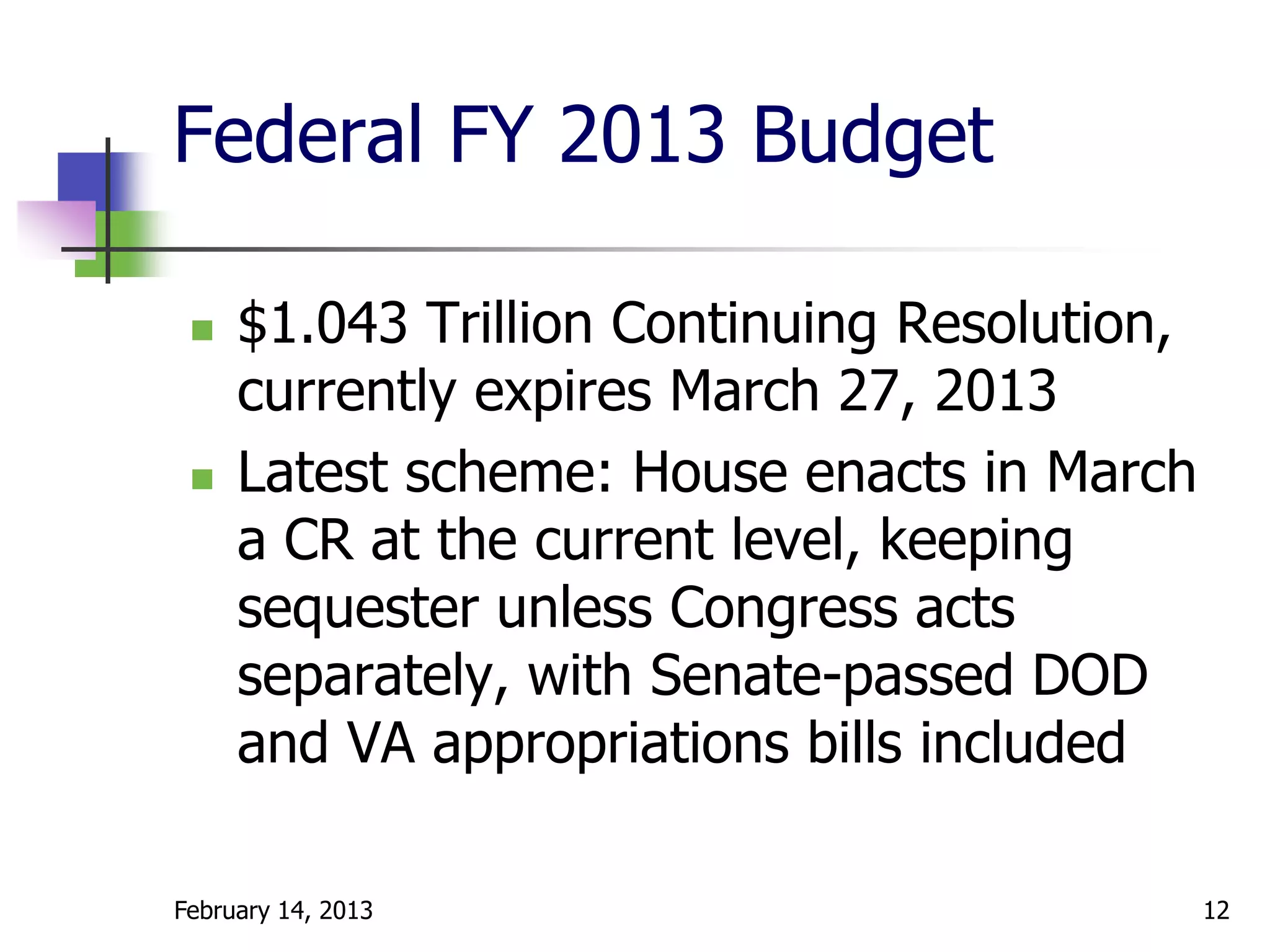 Federal FY 2013 Budget

    $1.043 Trillion Continuing Resolution,
     currently expires March 27, 2013
    Latest scheme: House enacts in March
     a CR at the current level, keeping
     sequester unless Congress acts
     separately, with Senate-passed DOD
     and VA appropriations bills included

February 14, 2013                             12
 