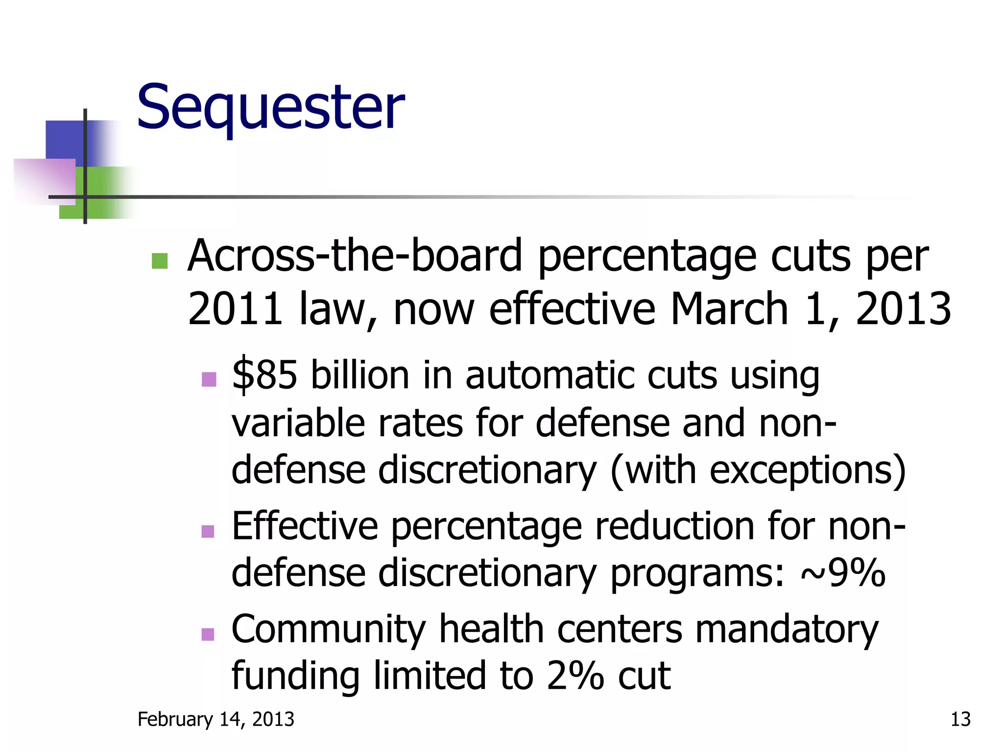 Sequester

    Across-the-board percentage cuts per
     2011 law, now effective March 1, 2013
       $85 billion in automatic cuts using
          variable rates for defense and non-
          defense discretionary (with exceptions)
         Effective percentage reduction for non-
          defense discretionary programs: ~9%
         Community health centers mandatory
          funding limited to 2% cut
February 14, 2013                                   13
 