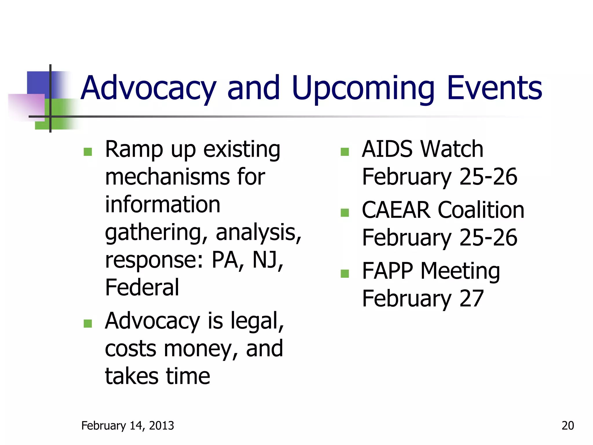Advocacy and Upcoming Events
   Ramp up existing          AIDS Watch
    mechanisms for             February 25-26
    information               CAEAR Coalition
    gathering, analysis,       February 25-26
    response: PA, NJ,         FAPP Meeting
    Federal                    February 27
   Advocacy is legal,
    costs money, and
    takes time
February 14, 2013                                20
 