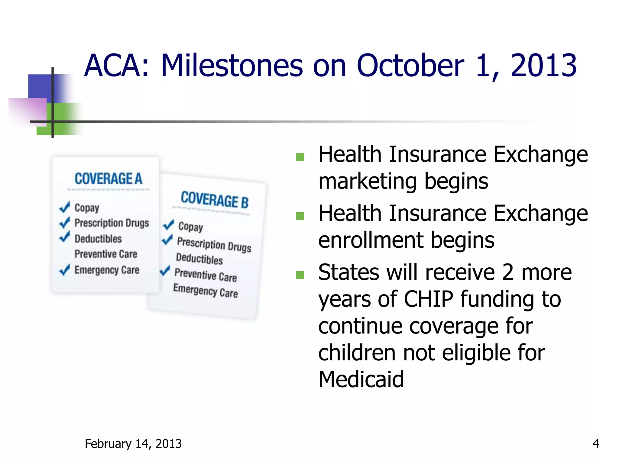 ACA: Milestones on October 1, 2013

                       Health Insurance Exchange
                        marketing begins
                       Health Insurance Exchange
                        enrollment begins
                       States will receive 2 more
                        years of CHIP funding to
                        continue coverage for
                        children not eligible for
                        Medicaid

February 14, 2013                                    4
 