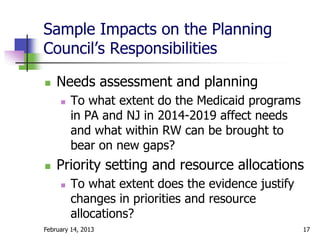 Sample Impacts on the Planning
Council’s Responsibilities

   Needs assessment and planning
        To what extent do the Medicaid programs
         in PA and NJ in 2014-2019 affect needs
         and what within RW can be brought to
         bear on new gaps?
   Priority setting and resource allocations
        To what extent does the evidence justify
         changes in priorities and resource
         allocations?
February 14, 2013                                   17
 