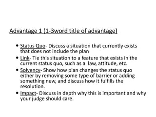 Advantage 1 (1-3word title of advantage) Status Quo- Discuss a situation that currently exists that does not include the plan