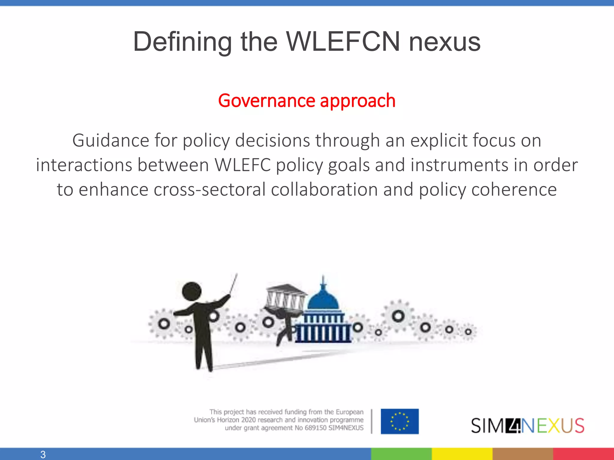 3
Defining the WLEFCN nexus
Governance approach
Guidance for policy decisions through an explicit focus on
interactions between WLEFC policy goals and instruments in order
to enhance cross-sectoral collaboration and policy coherence
 