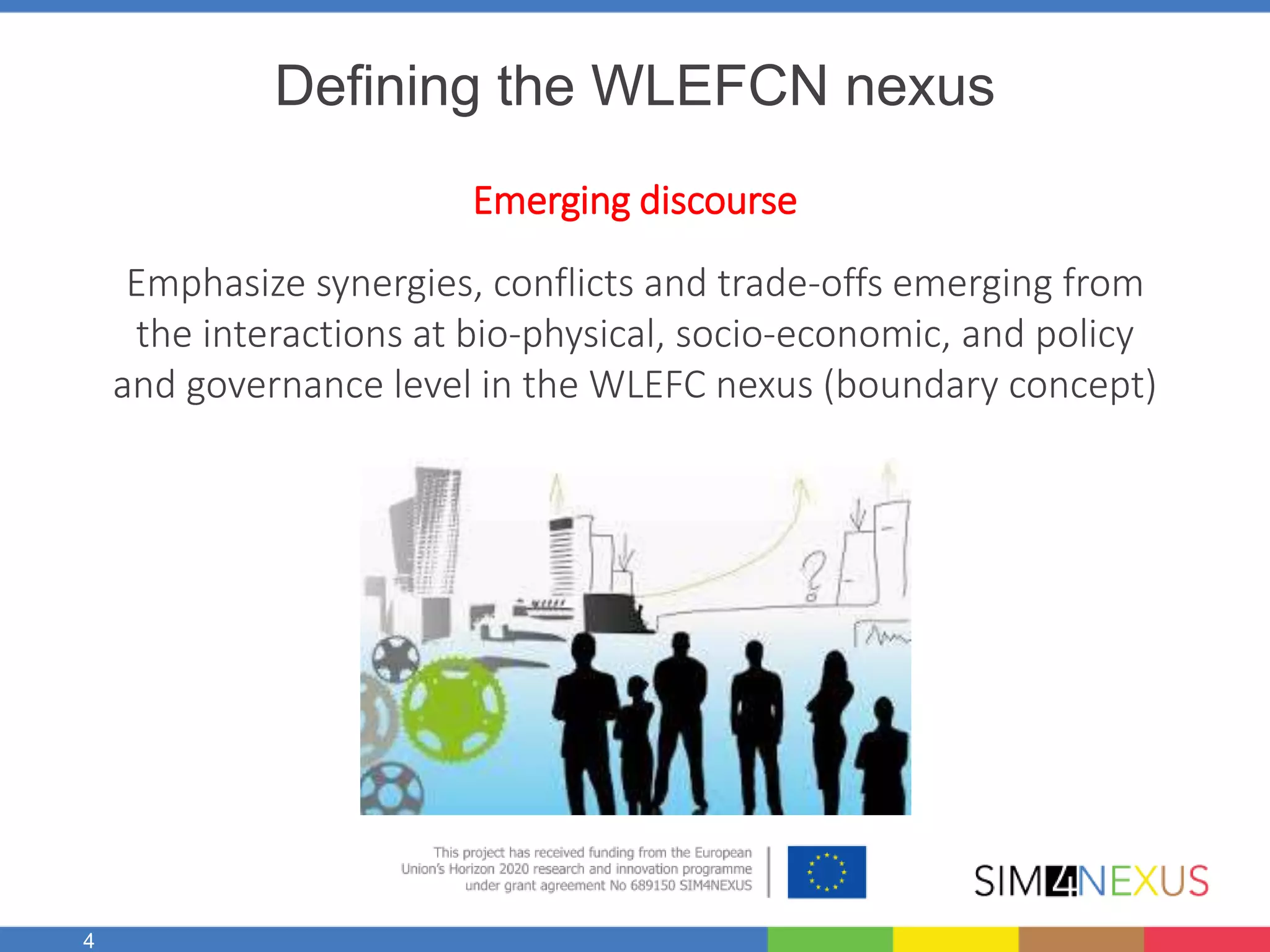 4
Defining the WLEFCN nexus
Emerging discourse
Emphasize synergies, conflicts and trade-offs emerging from
the interactions at bio-physical, socio-economic, and policy
and governance level in the WLEFC nexus (boundary concept)
 