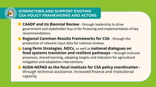 STRENGTHEN AND SUPPORT EXISTING
CSA POLICY FRAMEWORKS AND ACTORS
• CAADP and its Biennial Review - through leadership to drive
government and stakeholder buy-in for financing and implementation of key
recommendations.
• Regional Common Results Frameworks for CSA - through the
production of relevant input data for national reviews.
• Long-Term Strategies, NDCs, as well as national dialogues on
food systems transition and resilient pathways – through inclusive
processes, shared learning, adopting targets and indicators for agricultural
mitigation and adaptation interventions
• AUDA-NEPAD as the focal institute for CSA policy coordination -
through technical assistance, increased finance and institutional
capacity.
 
