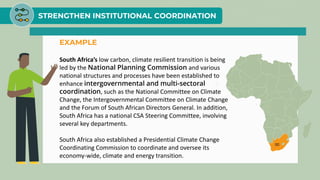 STRENGTHEN INSTITUTIONAL COORDINATION
EXAMPLE
South Africa’s low carbon, climate resilient transition is being
led by the National Planning Commission and various
national structures and processes have been established to
enhance intergovernmental and multi-sectoral
coordination, such as the National Committee on Climate
Change, the Intergovernmental Committee on Climate Change
and the Forum of South African Directors General. In addition,
South Africa has a national CSA Steering Committee, involving
several key departments.
South Africa also established a Presidential Climate Change
Coordinating Commission to coordinate and oversee its
economy-wide, climate and energy transition.
 