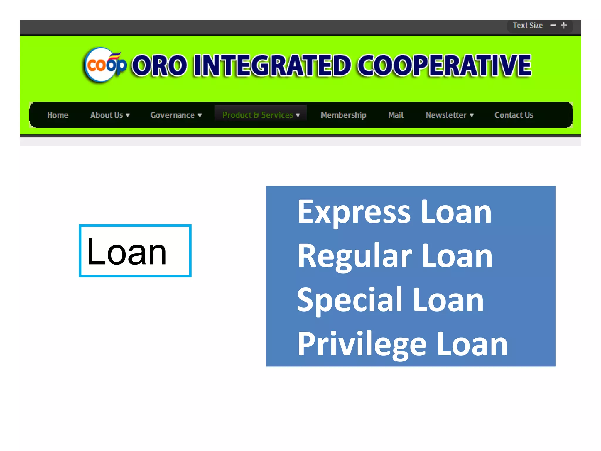 Loan

Express Loan
Regular Loan
Special Loan
Privilege Loan

 